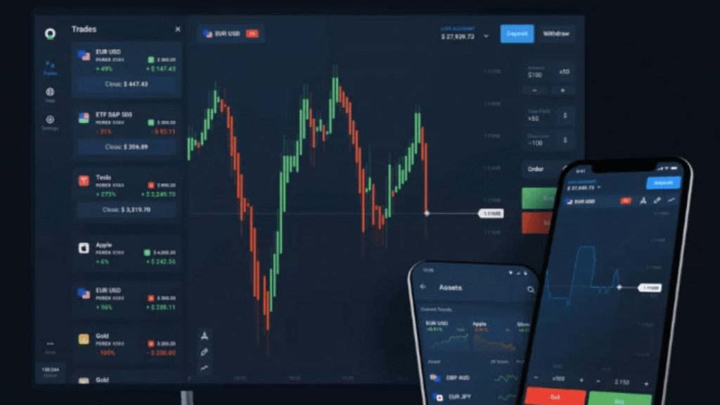 Imagem atual: Interface da plataforma Olymp Trade aberta em tela de computador e celulares com gráficos de candlestick e ordens de negociação
